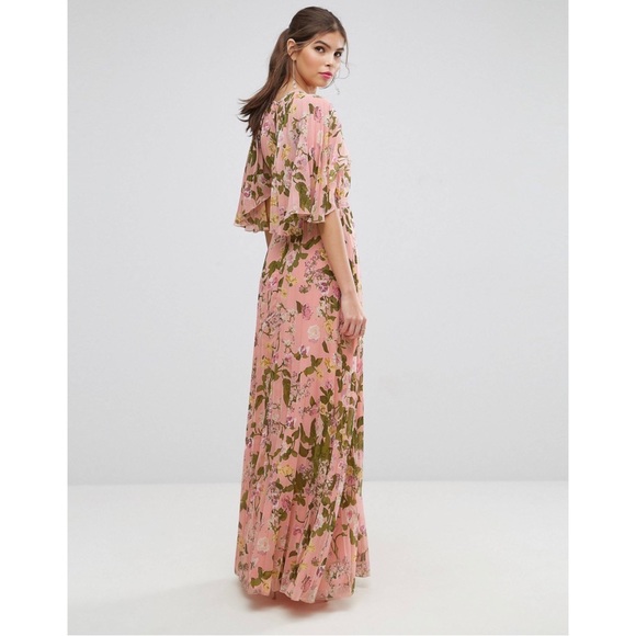 ASOS Floral Pleated Flutter Sleeve Maxi Dress Size 2 Pink Terracotta Rose Design - Picture 2 of 13